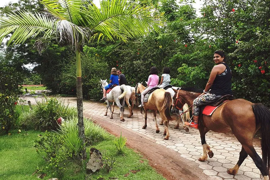 Grupo de hóspedes em cavalgada por caminho de pedras entre jardins da fazenda