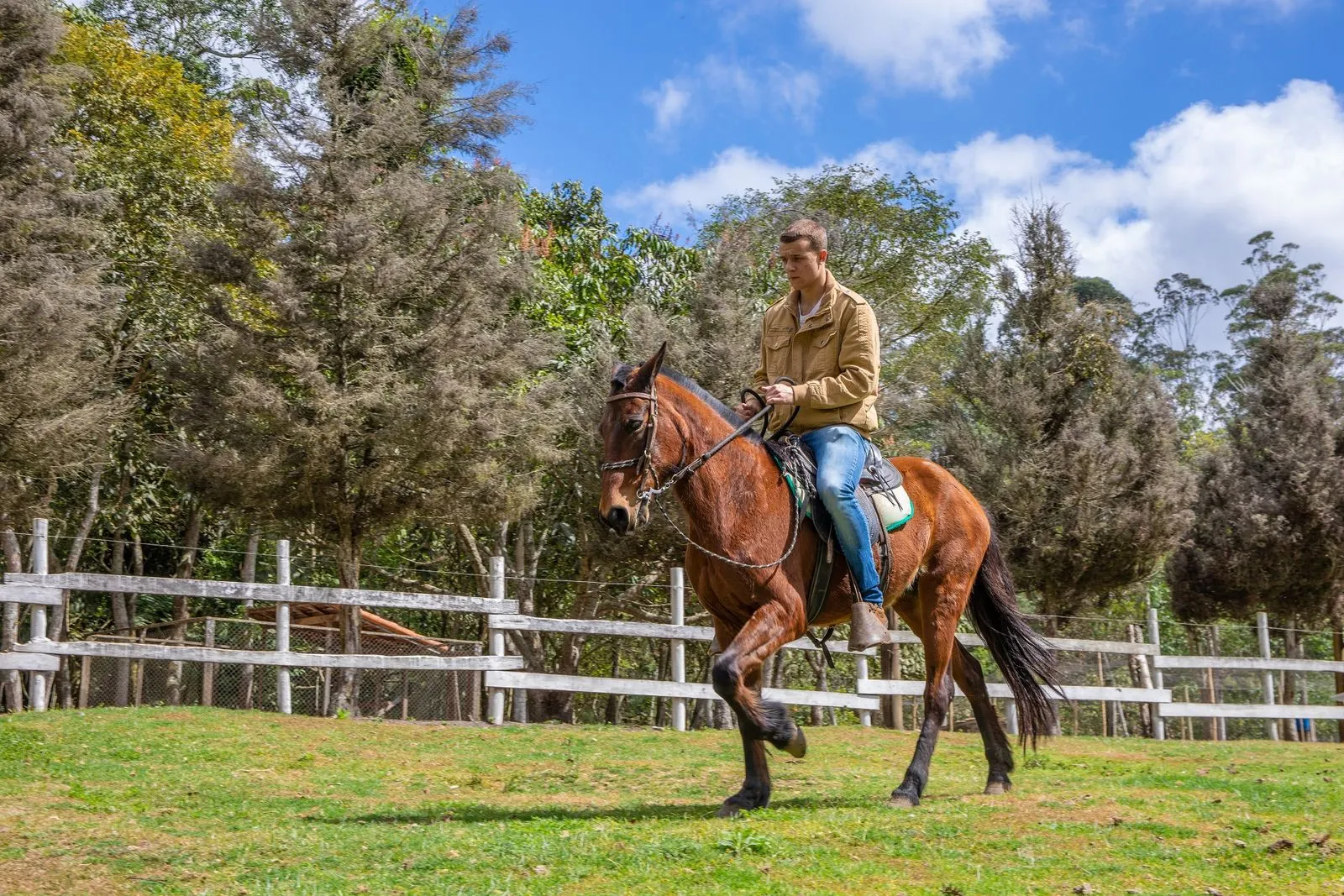 Hóspede em passeio a cavalo no picadeiro do Hotel Fazenda São Moritz