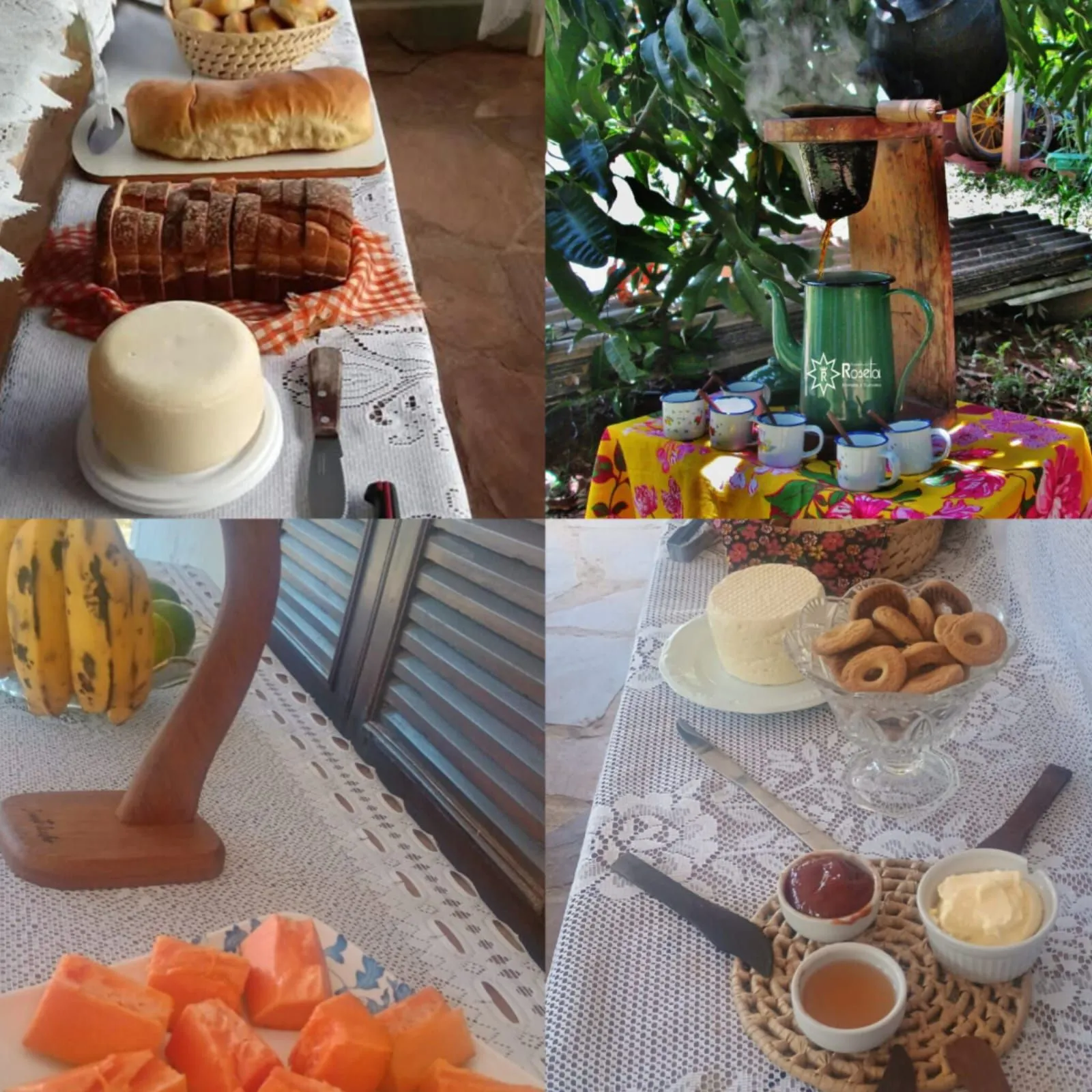 Mesa de café da manhã da Fazenda da Roseta, com pão caseiro, queijo e café coado na hora