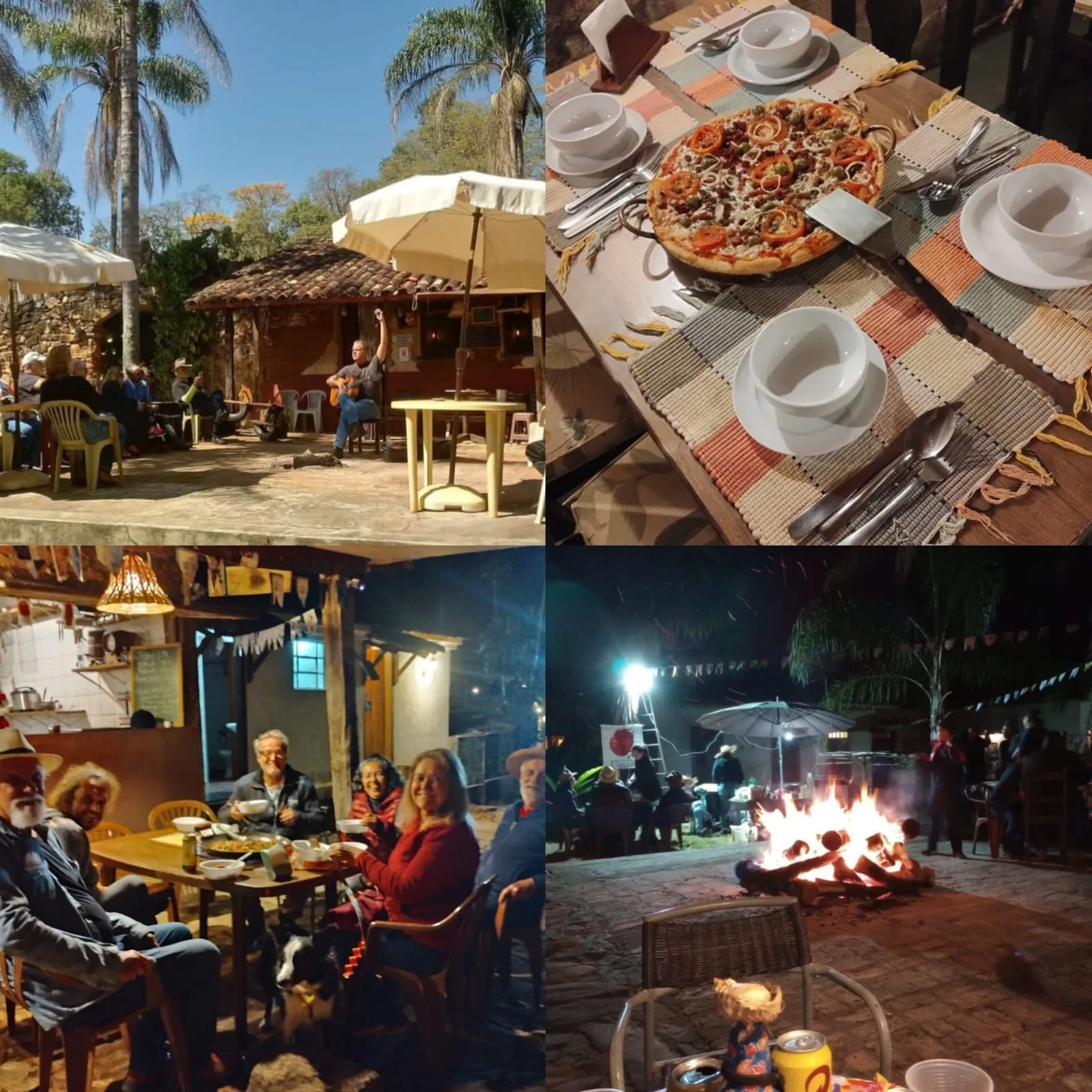 Hóspedes reunidos à noite ao redor da fogueira na Fazenda da Roseta